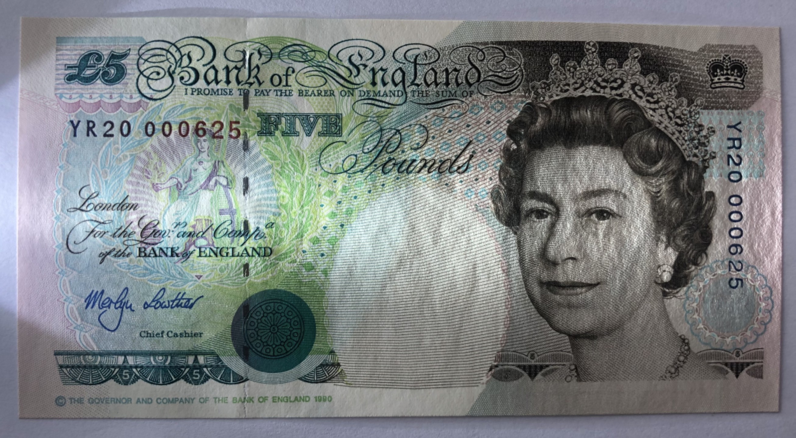 2025第25场（总第225期）：精品测试钞、纪念钞、塑料钞、连体钞综合场 百位小号YR20 000625 英国2000版“千禧年”5镑纪念钞UNC