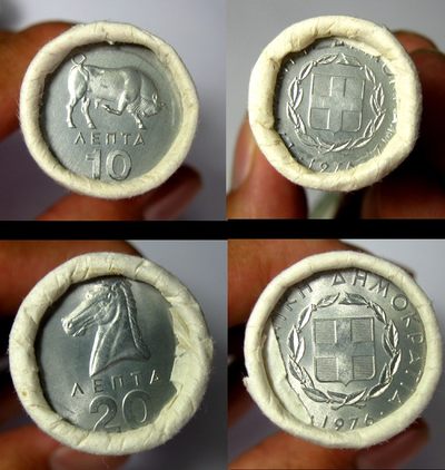 希腊钱币,1976古典风格原卷10与20雷普顿各50枚,公牛与马,铝币,目录价2.5美元一枚 - 希腊钱币,1976古典风格原卷10与20雷普顿各50枚,公牛与马,铝币,目录价2.5美元一枚
