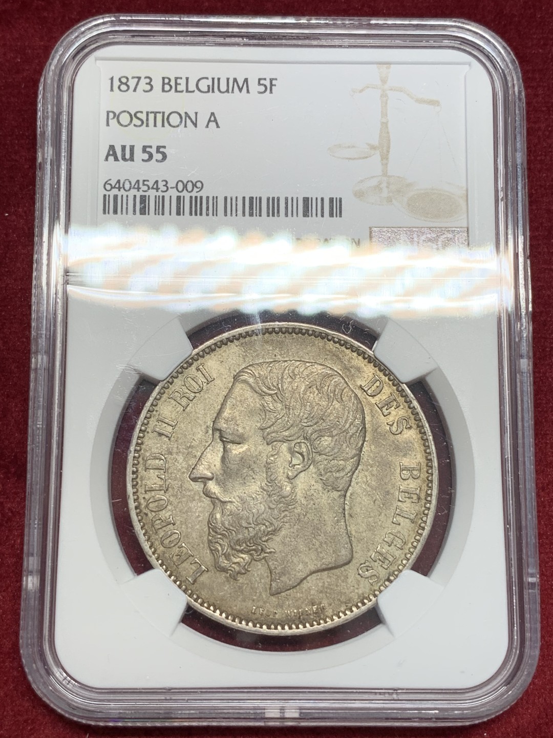 《竞宝斋》第69场-本周日，周一，周四.3场连拍（全场不限金额包邮） NGC-AU55 比利时 1873-A年 利奥波德二世 5法郎 大银币 老包浆很漂亮