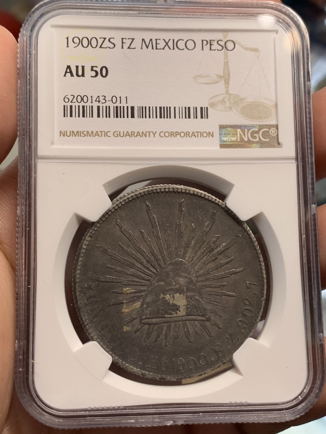 《竞宝斋》第69场-本周日，周一，周四.3场连拍（全场不限金额包邮） NGC AU50 墨西哥 1900年 墨西哥 直边 鹰洋 银币 双面炭黑包浆 状态好