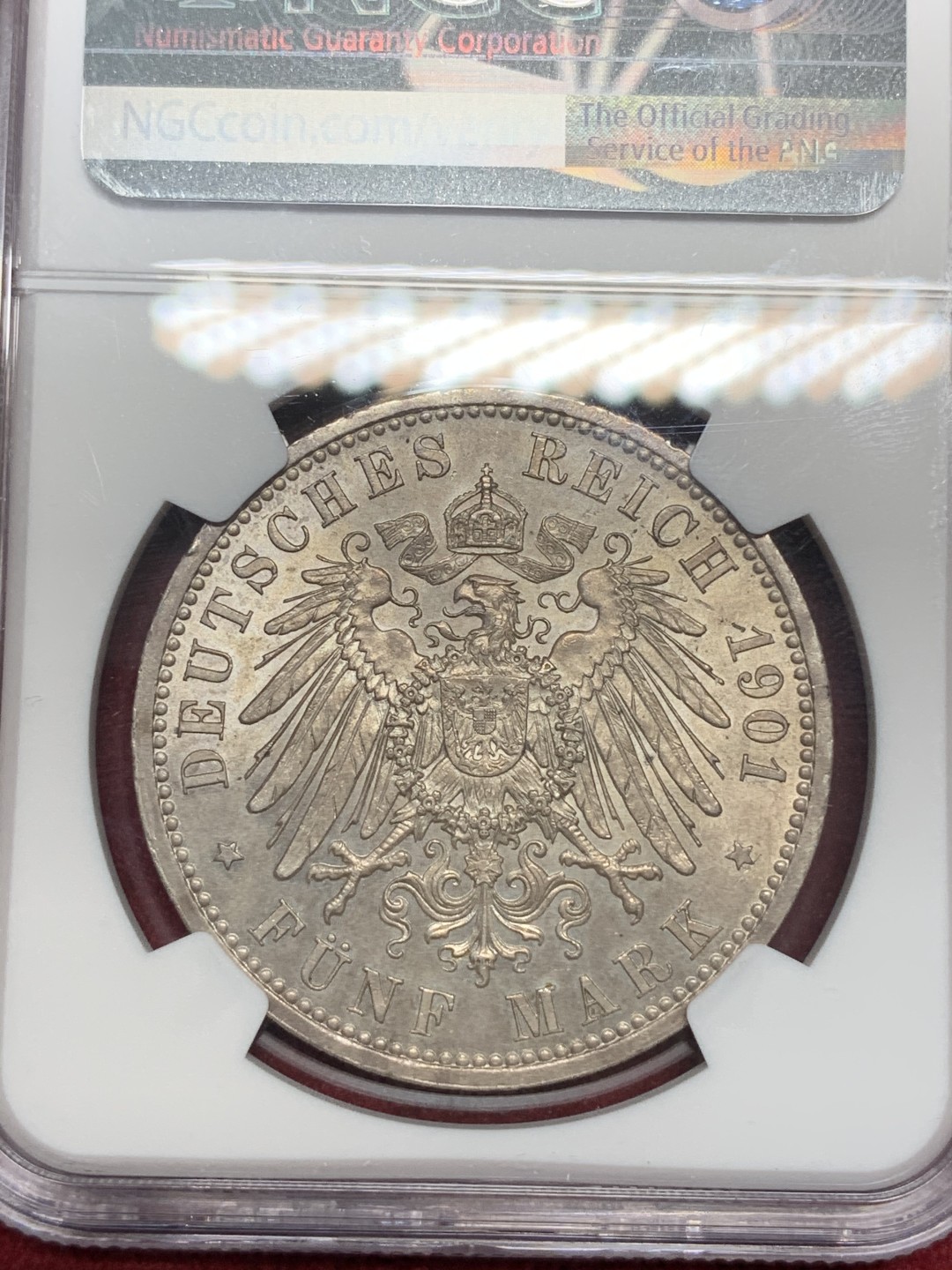 《竞宝斋》第69场-本周日，周一，周四.3场连拍（全场不限金额包邮） NGC-MS62 德国1901年 二百周年纪念 5马克 大银币 漂亮的欧洲纸袋包浆