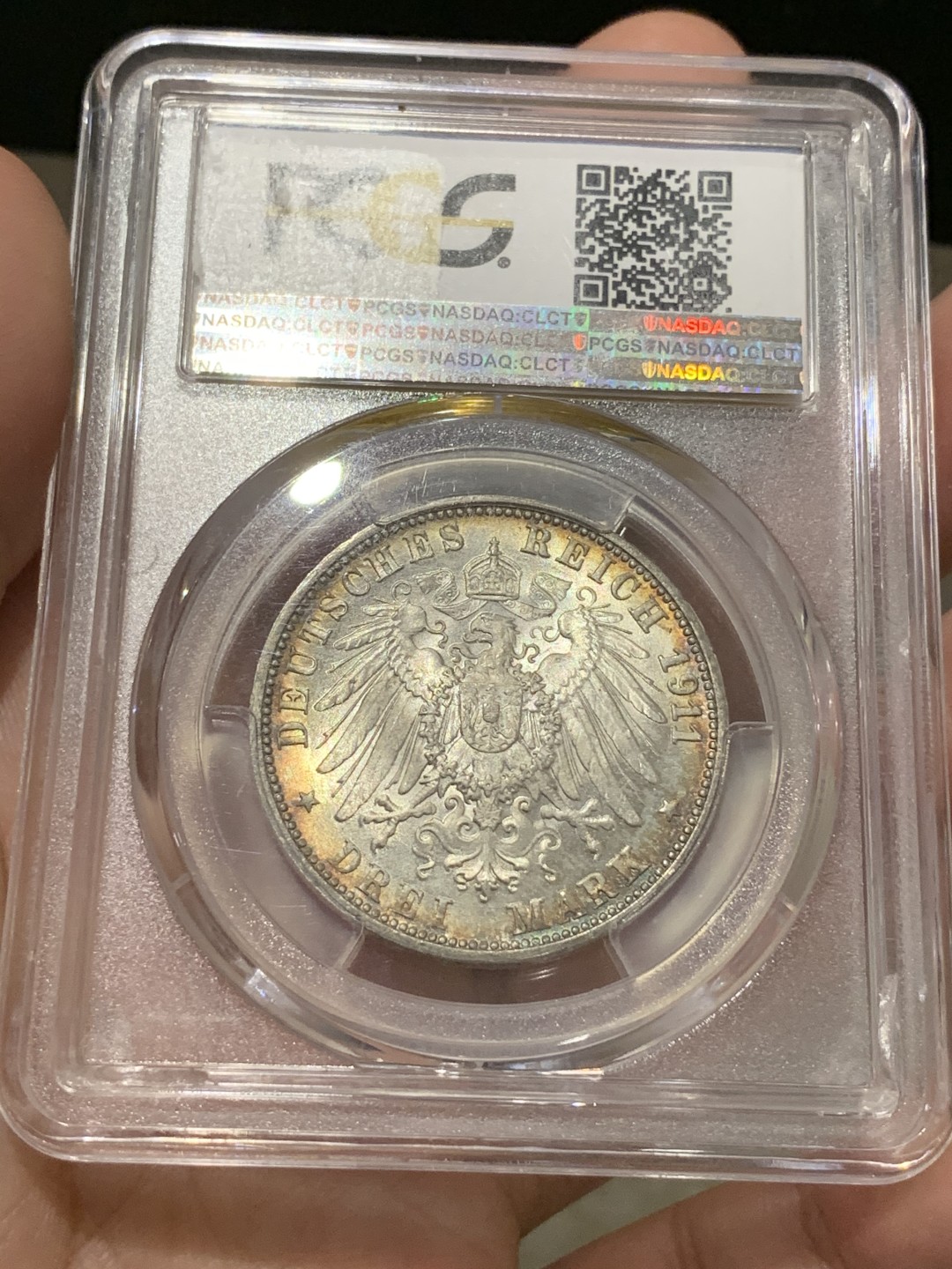 《竞宝斋》第69场-本周日，周一，周四.3场连拍（全场不限金额包邮） PCGS-MS67 德国 1911年 符腾堡 银婚姻 3马克，双面环彩，车轮强霜光，打印极佳。冠军分68外拍800刀，这枚67性价比极高