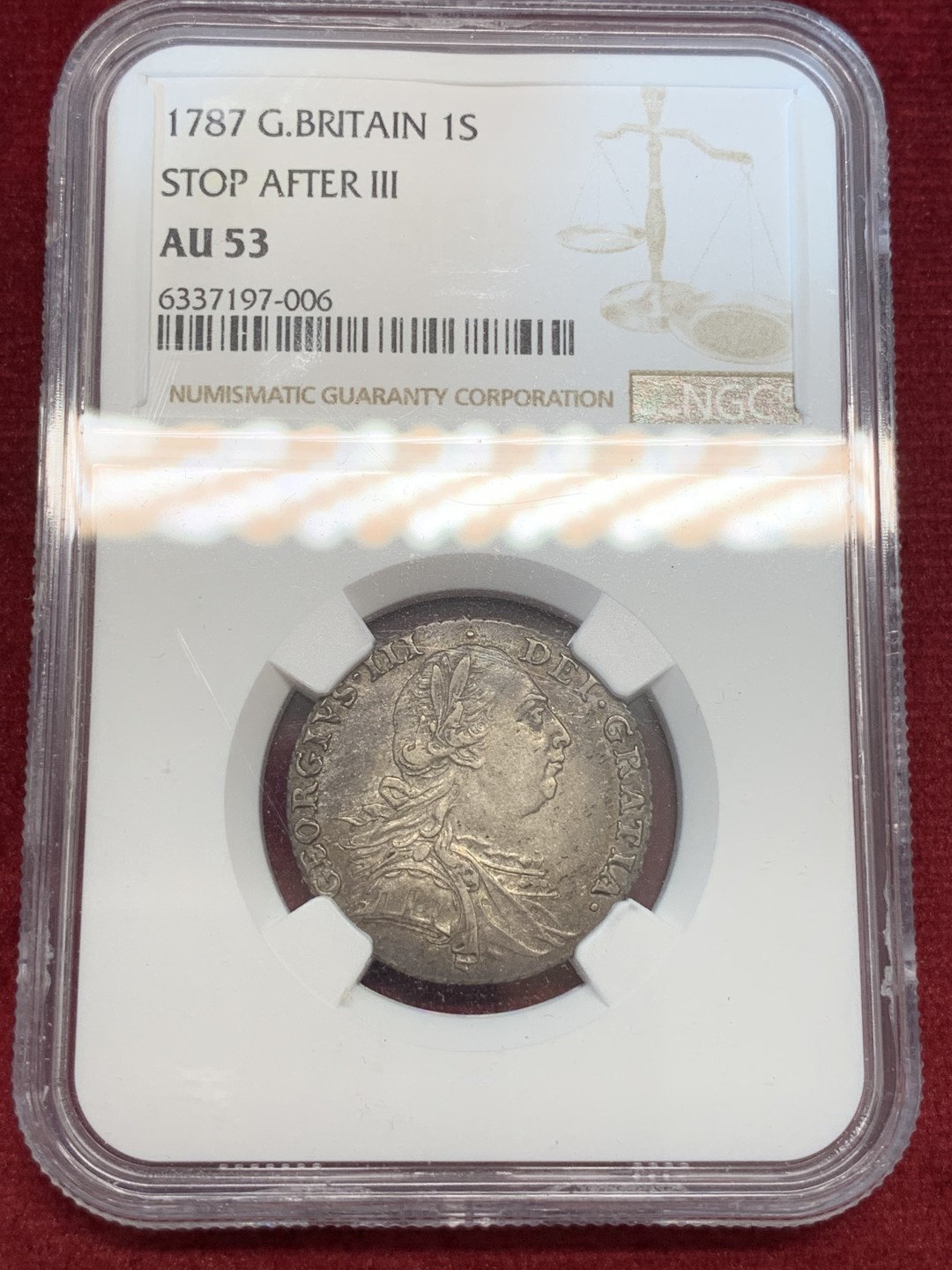 《竞宝斋》第69场-本周日，周一，周四.3场连拍（全场不限金额包邮） NGC AU53 英国 1787年 乔治三世 1先令 银币 原味深包浆 打制的非常好