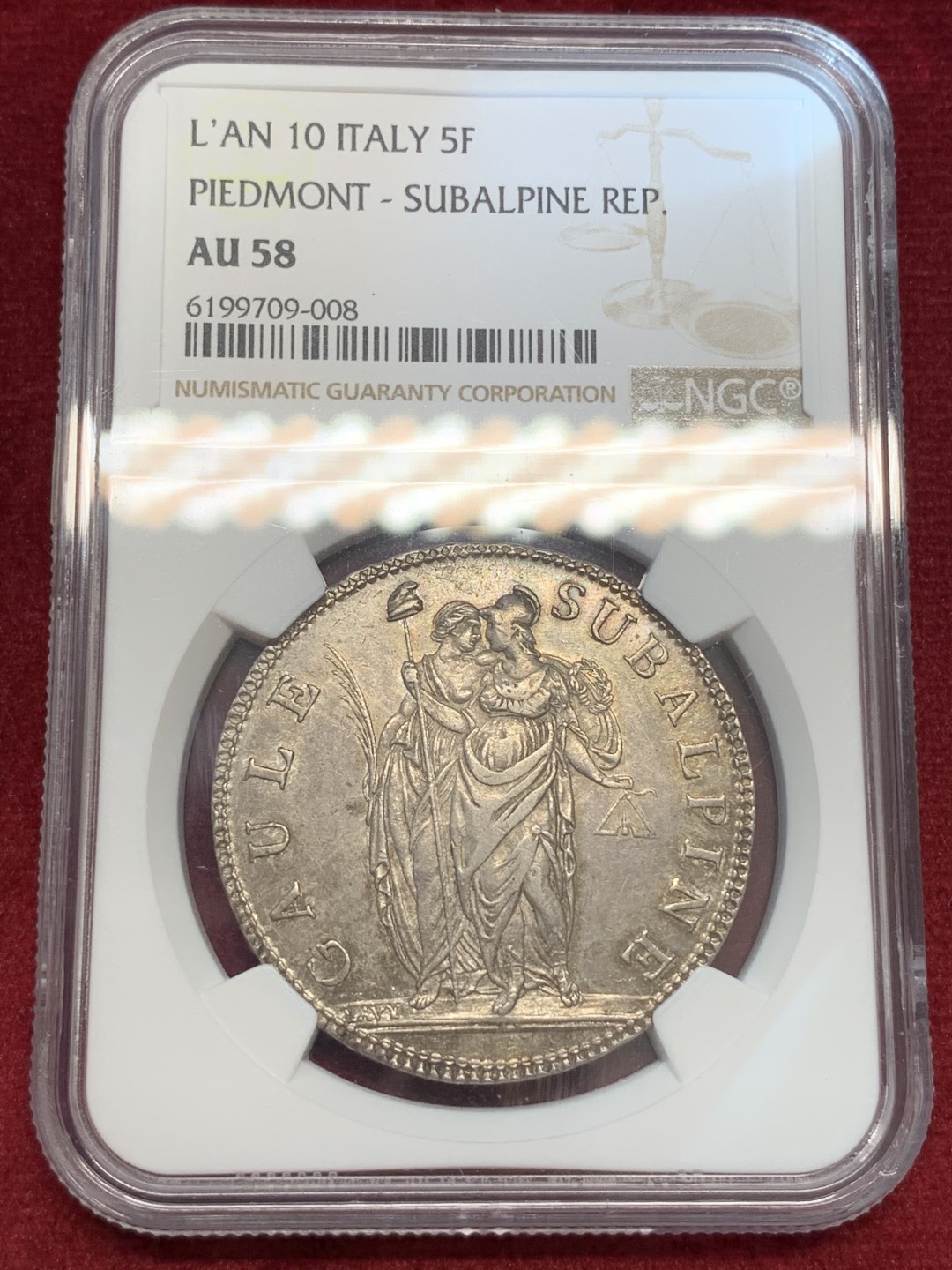 《竞宝斋》第69场-本周日，周一，周四.3场连拍（全场不限金额包邮） NGC AU58 共和10年皮埃蒙特5法郎银币 深打无减重，老包浆，最近共和历的意大利币很火，同版MS61的国内标价2万3