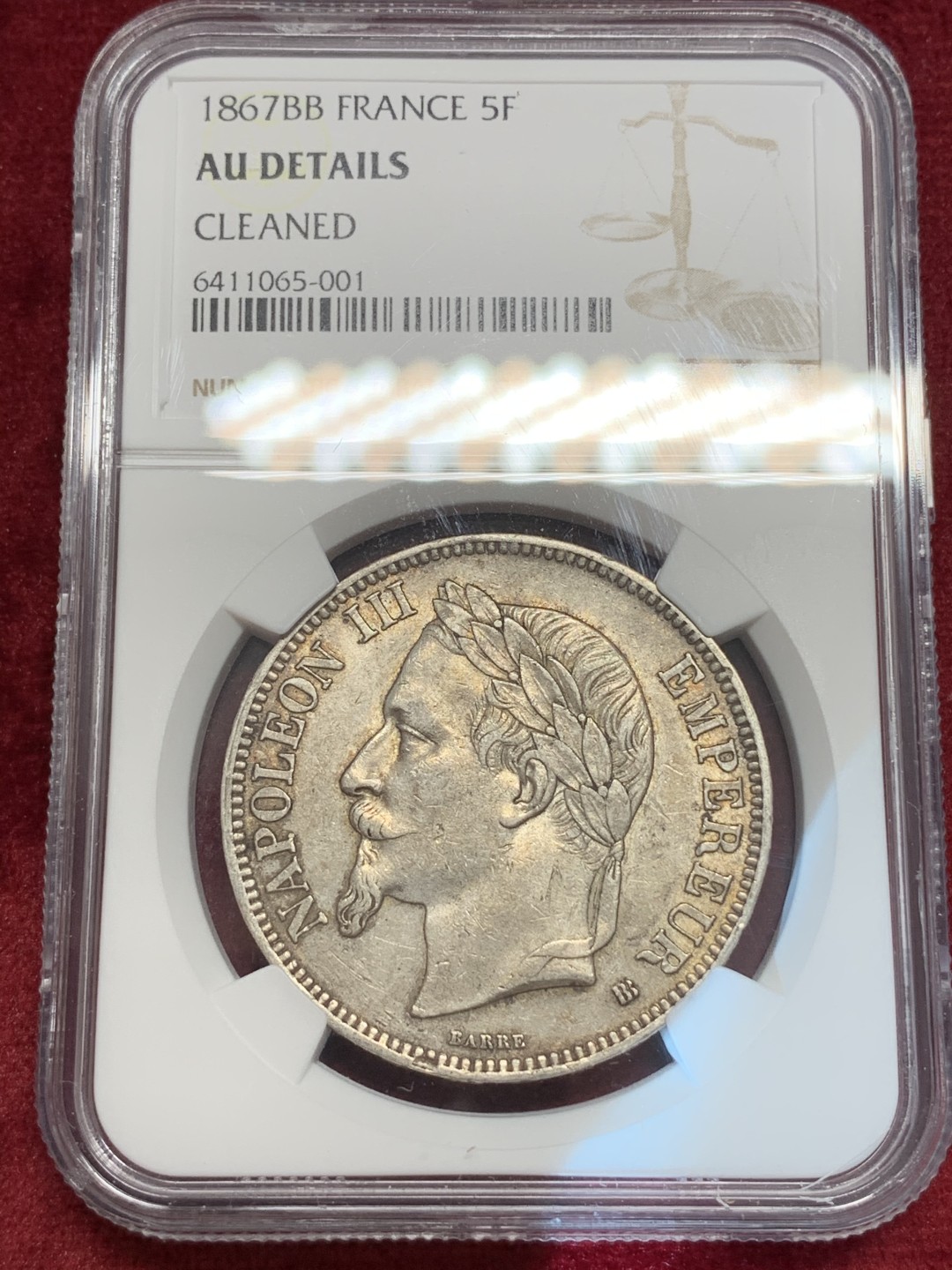 《竞宝斋》第69场-本周日，周一，周四.3场连拍（全场不限金额包邮） NGC AU细节评级 法国 1867年 拿三  5法郎 银币 深彩包浆 细节非常的不错
