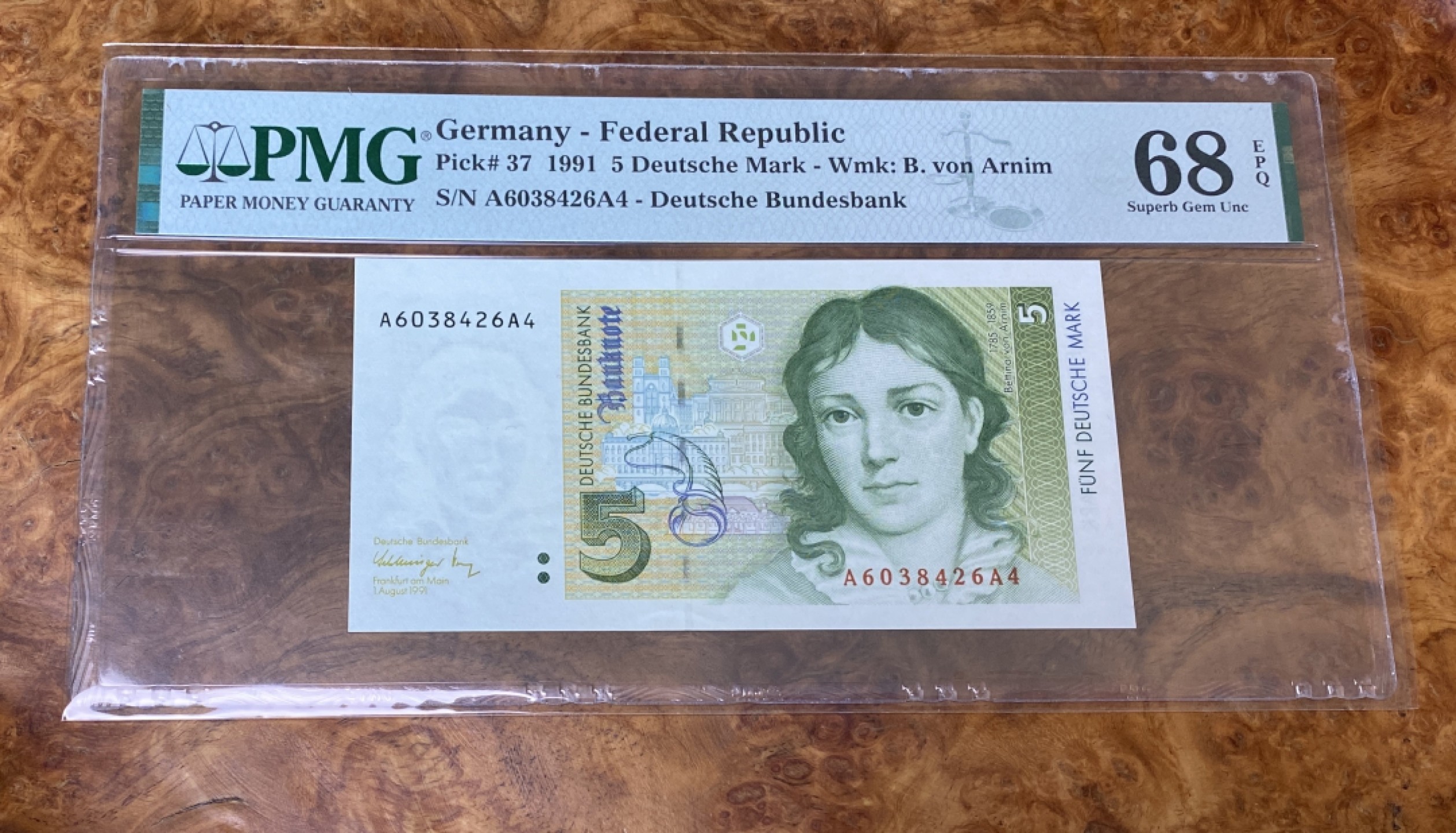 Chase Auction 第15期 - - 民国钞，外钞高分场（2022最后一期） 1991年德国5马克，PMG68分，AA首发冠！亚军分，更高分数只有两枚！