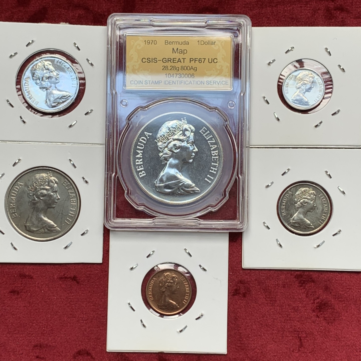 《竞宝斋》第69场-本周日，周一，周四.3场连拍（全场不限金额包邮） 1970年 百慕大（英属）6枚装 1枚银币 28.28 盒装