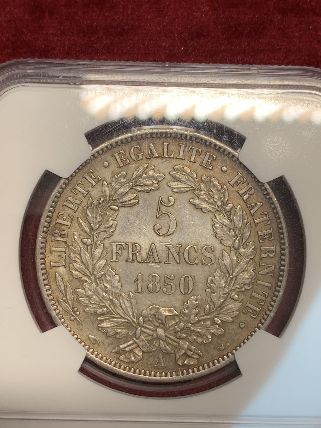 《竞宝斋》第69场-本周日，周一，周四.3场连拍（全场不限金额包邮） NGC-MS63 法国1850年 谷物女神 5法郎银币 环彩包浆 难得品相 63不错的分数 越来越少了