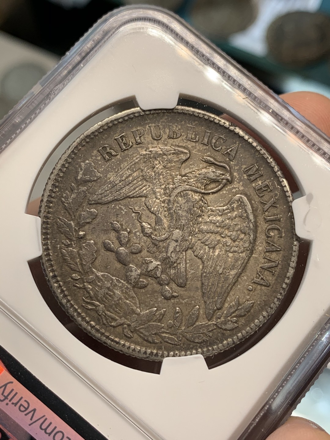 《竞宝斋》第69场-本周日，周一，周四.3场连拍（全场不限金额包邮） NGC AU50 墨西哥 1900年 墨西哥 直边 鹰洋 银币 双面炭黑包浆 状态好