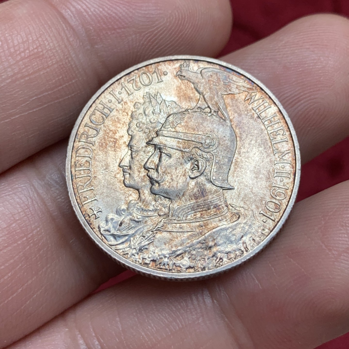 《竞宝斋》第69场-本周日，周一，周四.3场连拍（全场不限金额包邮） 德国 1901年 普鲁士建国200周年纪念 2马克银币 原味包浆