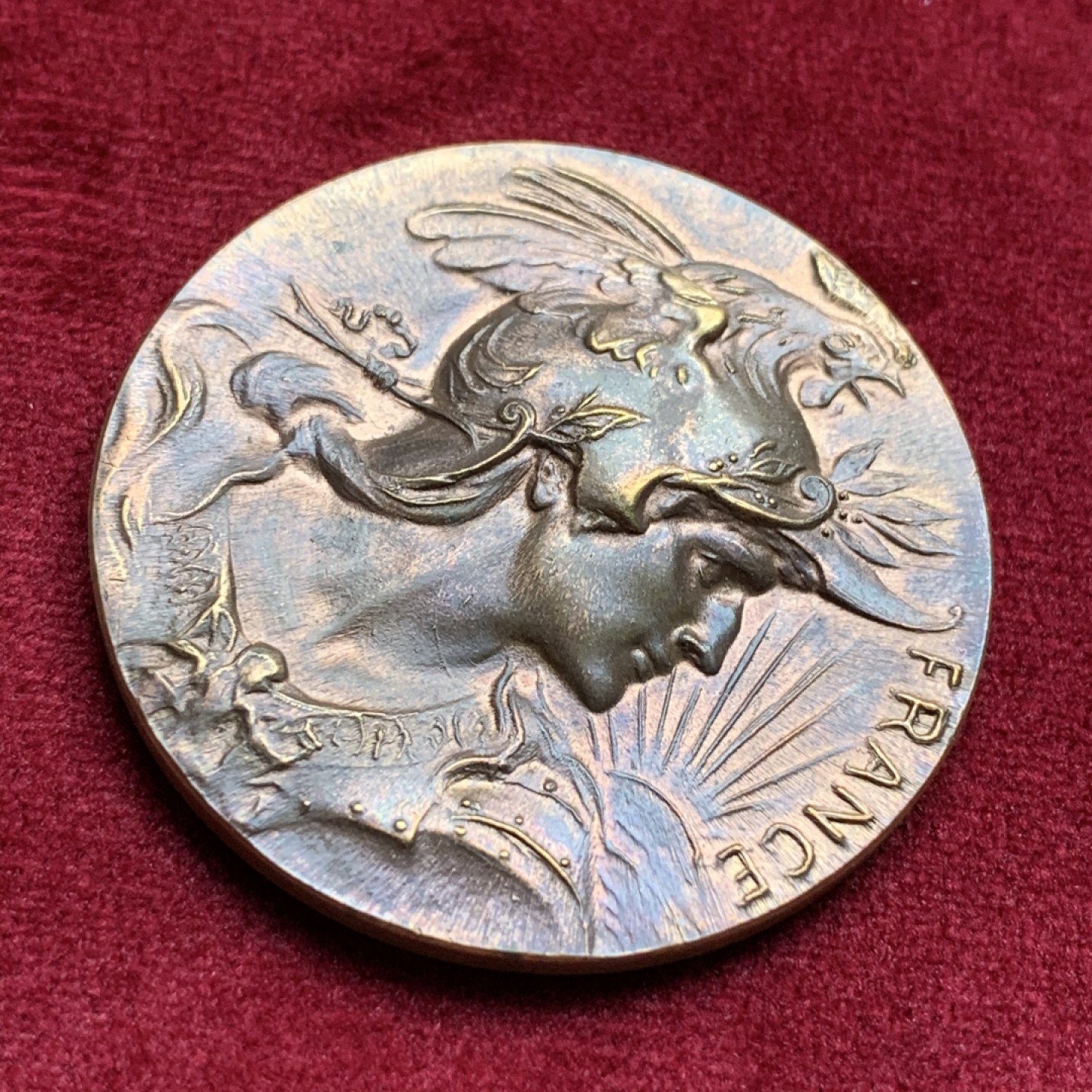 《竞宝斋》第69场-本周日，周一，周四.3场连拍（全场不限金额包邮） 法国 玛丽安娜女神 戎装像 铜章（红铜色） 29.3克 41.5mm  20世纪初