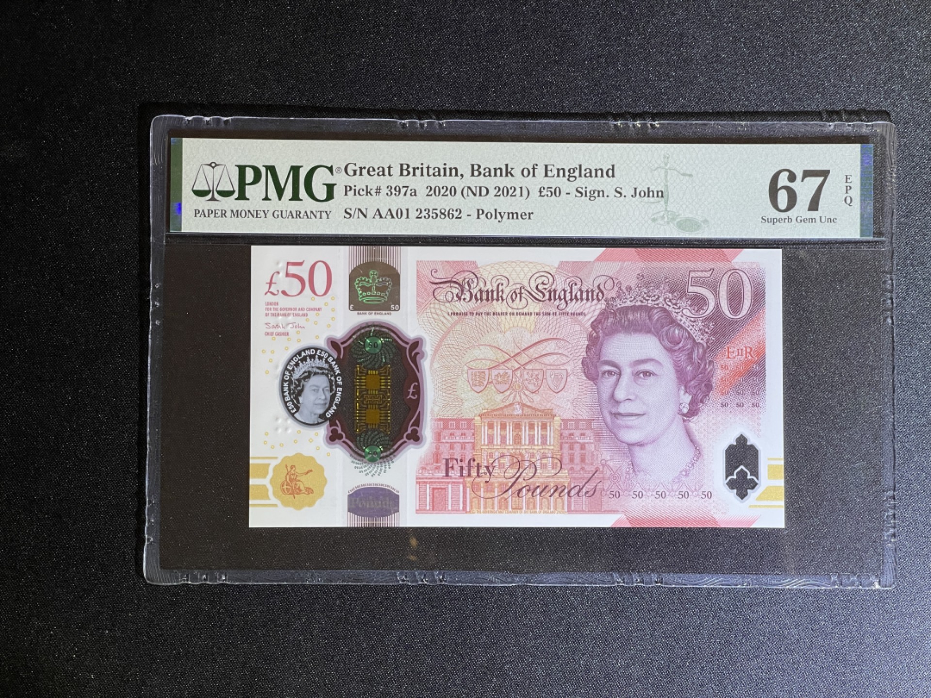 《张总收藏》63期——外币精选 英格兰50镑 PMG67E AA01冠 2020塑料钞