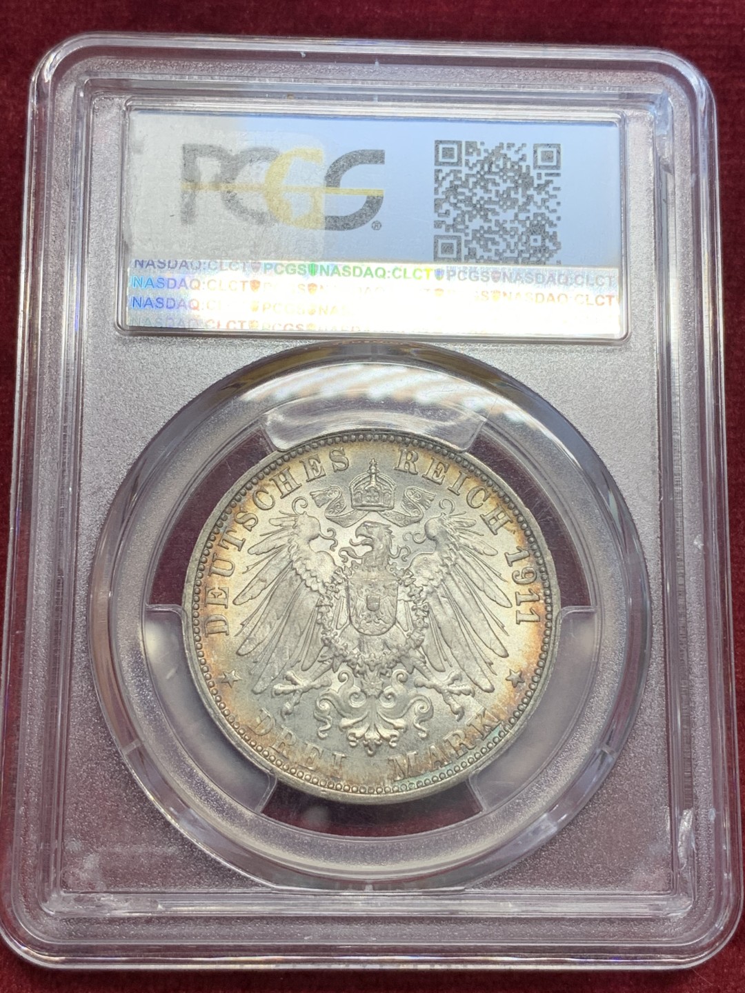 《竞宝斋》第69场-本周日，周一，周四.3场连拍（全场不限金额包邮） PCGS-MS67 德国 1911年 符腾堡 银婚姻 3马克，双面环彩，车轮强霜光，打印极佳。冠军分68外拍800刀，这枚67性价比极高