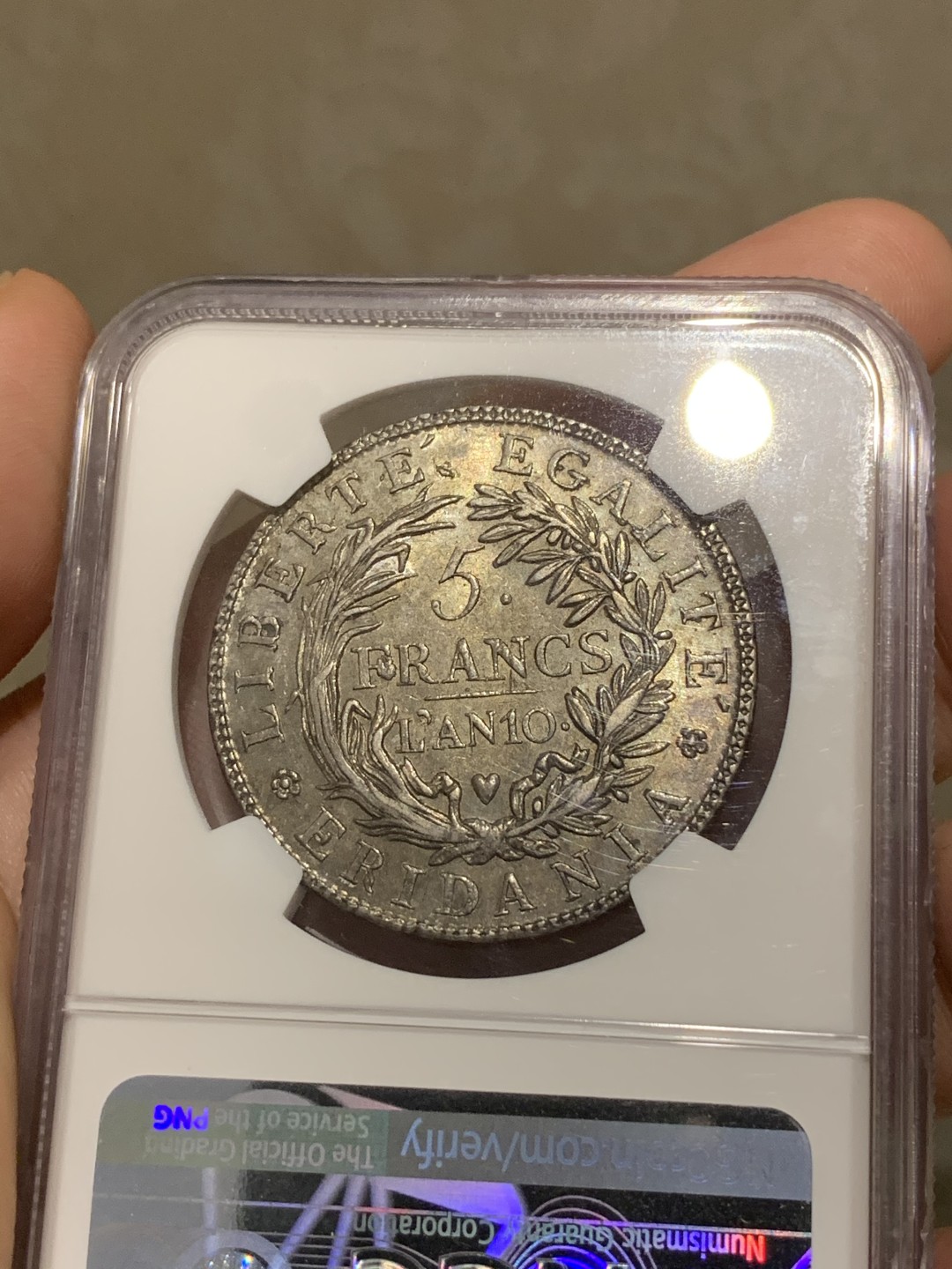 《竞宝斋》第69场-本周日，周一，周四.3场连拍（全场不限金额包邮） NGC AU58 共和10年皮埃蒙特5法郎银币 深打无减重，老包浆，最近共和历的意大利币很火，同版MS61的国内标价2万3