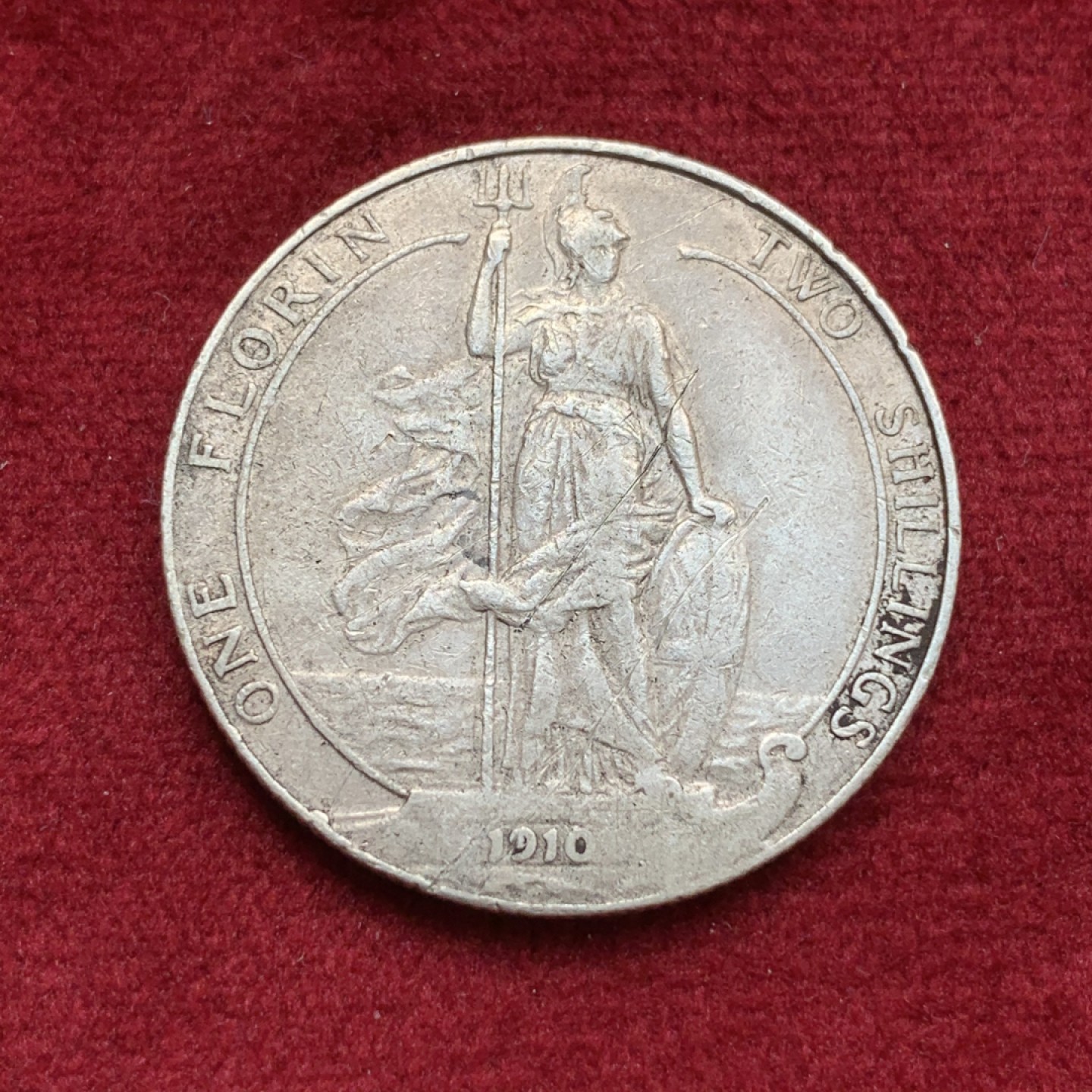 《竞宝斋》第69场-本周日，周一，周四.3场连拍（全场不限金额包邮） 英国1910年爱德华七世海神 弗罗林（2先令） 银币 原味包浆 边齿完好 