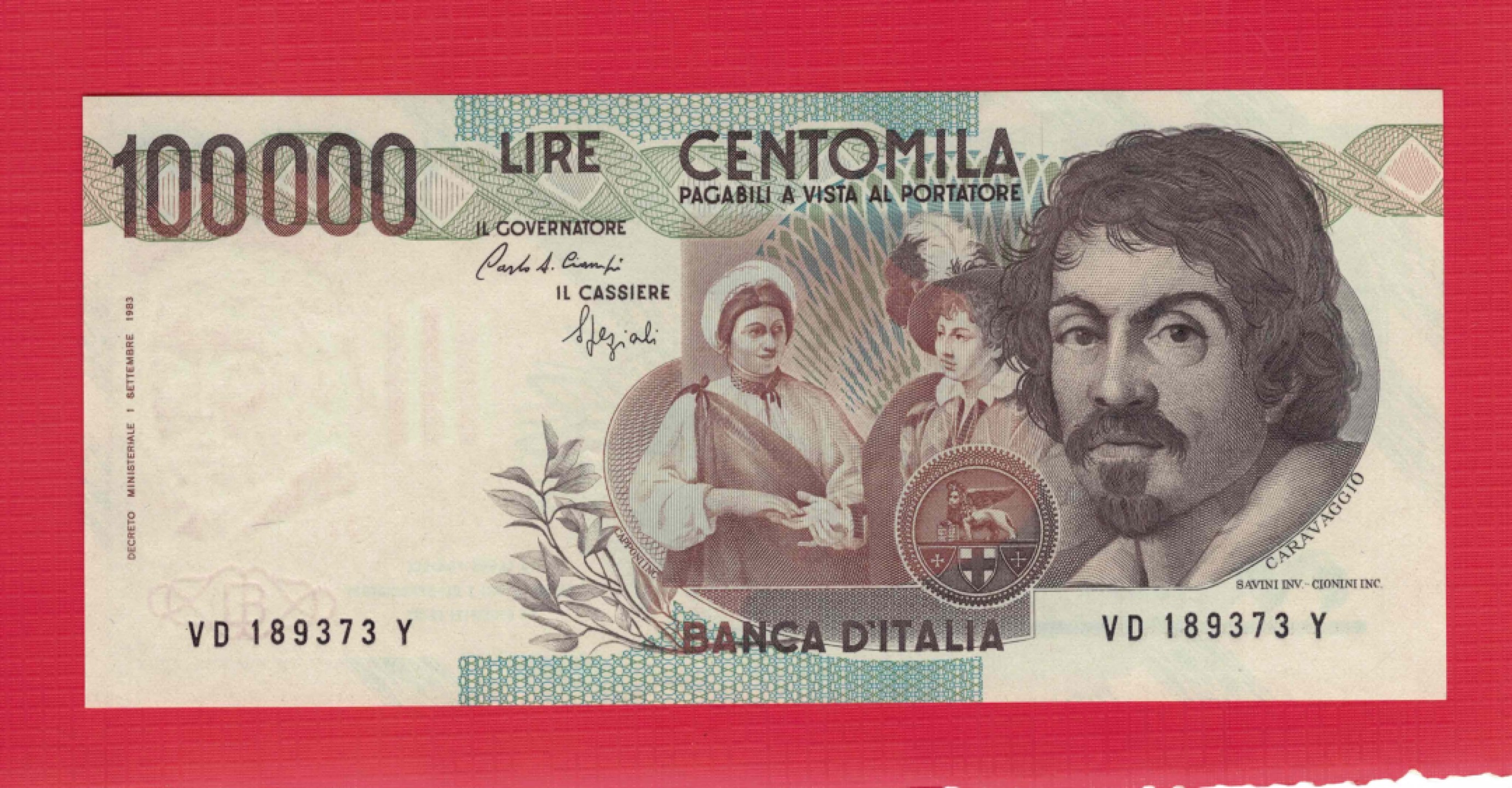 意大利1983年100000里拉(10万里拉) 欧洲纸币 签名之一如图 UNC