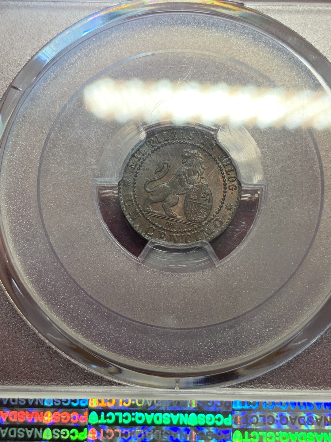 《竞宝斋》第69场-本周日，周一，周四.3场连拍（全场不限金额包邮） PCGS MS65 1870年西班牙女神狮子1分铜币 冠军分，双面彩光