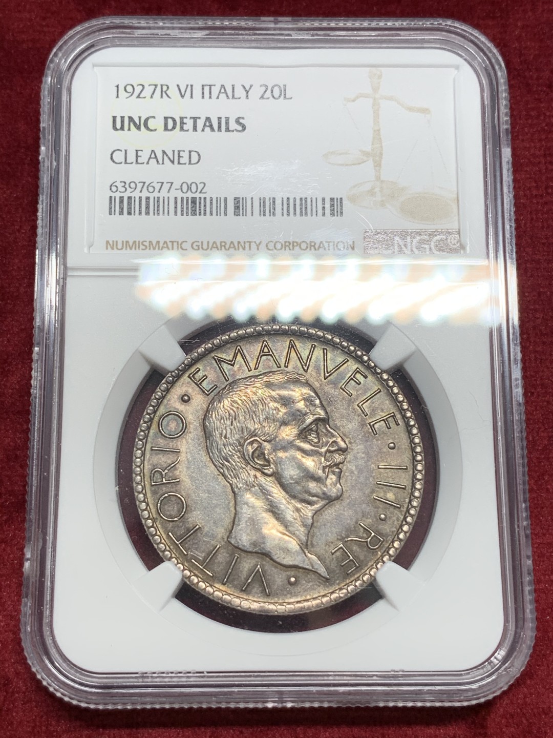 《竞宝斋》第69场-本周日，周一，周四.3场连拍（全场不限金额包邮） NGC-UNC意大利1927年裸男20里拉大银币，未处理，就是黑包浆导致未给分，
