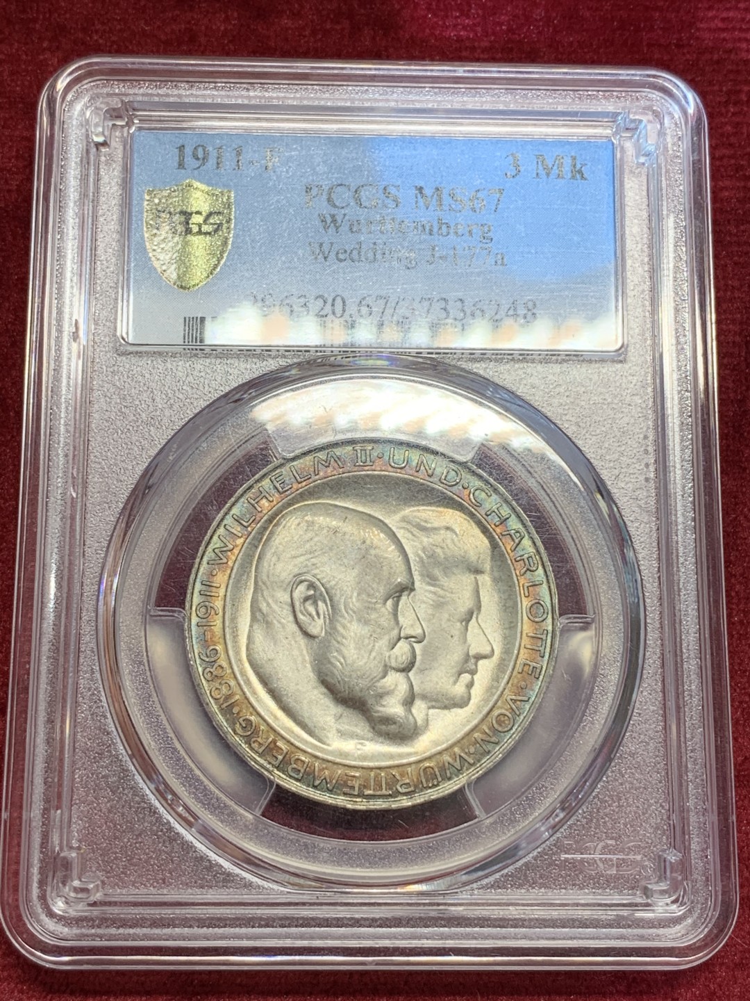 《竞宝斋》第69场-本周日，周一，周四.3场连拍（全场不限金额包邮） PCGS-MS67 德国 1911年 符腾堡 银婚姻 3马克，双面环彩，车轮强霜光，打印极佳。冠军分68外拍800刀，这枚67性价比极高