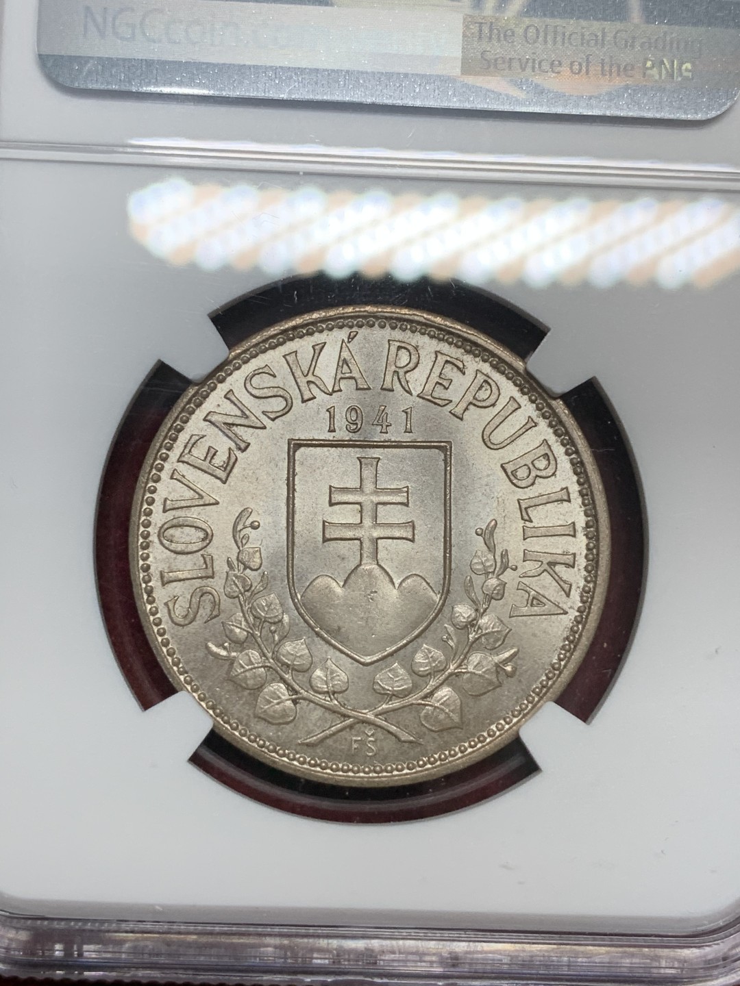《竞宝斋》第69场-本周日，周一，周四.3场连拍（全场不限金额包邮） NGC-MS63 斯洛伐克 1941年 20克朗 银币 稀少品种顶级状态