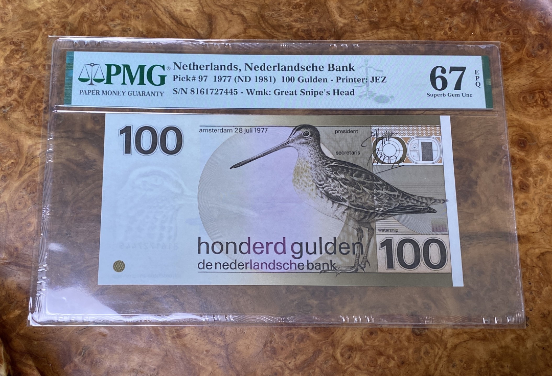 Chase Auction 第15期 - - 民国钞，外钞高分场（2022最后一期） 1977年荷兰100盾，PMG67分！荷兰三剑客之水鸟！