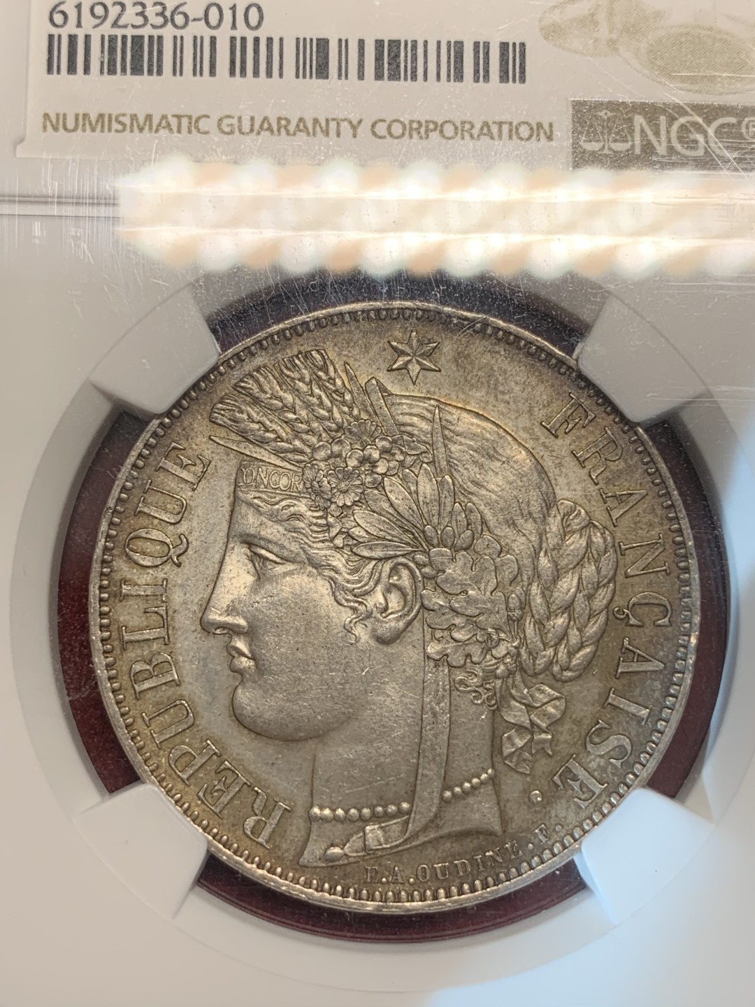 《竞宝斋》第69场-本周日，周一，周四.3场连拍（全场不限金额包邮） NGC-MS63 法国1850年 谷物女神 5法郎银币 环彩包浆 难得品相 63不错的分数 越来越少了