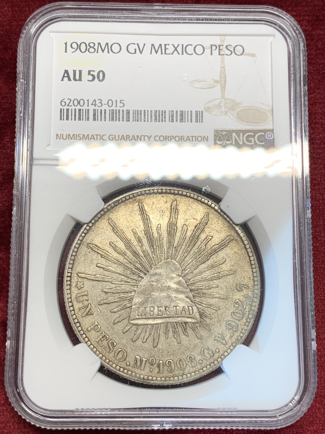 《竞宝斋》第69场-本周日，周一，周四.3场连拍（全场不限金额包邮） NGC AU50 墨西哥 1908年 墨西哥 直边 鹰洋 银币 原味包浆 细节不错