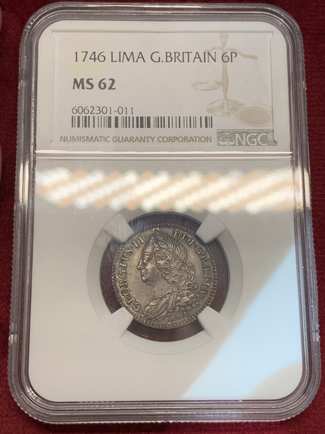 《竞宝斋》第69场-本周日，周一，周四.3场连拍（全场不限金额包邮） NGC MS62 1746年英国乔治二世6便士LIMA版 热门版别，醇黑包浆，高点俱在，62有些低评了