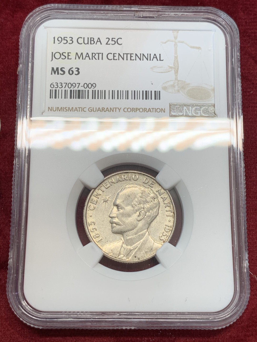 《竞宝斋》第69场-本周日，周一，周四.3场连拍（全场不限金额包邮） NGC-MS63 古巴 1953年 纪念马丁诞辰百年 25分银币 原光好品