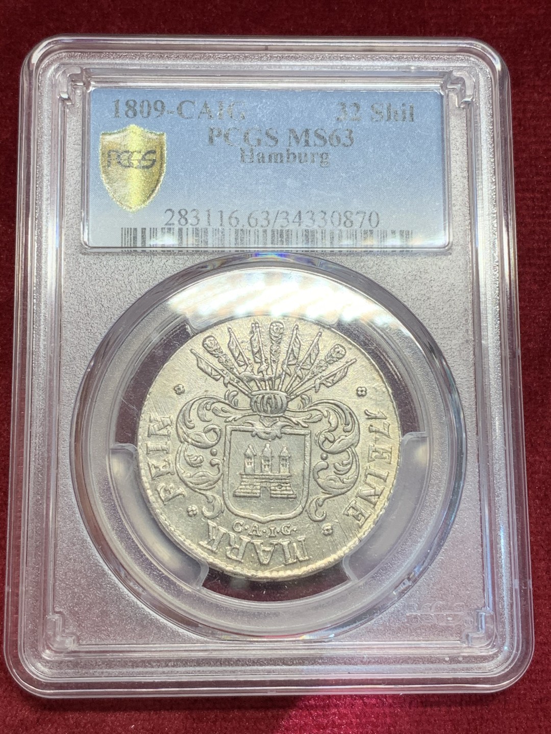 《竞宝斋》第69场-本周日，周一，周四.3场连拍（全场不限金额包邮） PCGS MS63 德国 汉堡自由市 1809年 32先令 银币 历经200年 难得状态