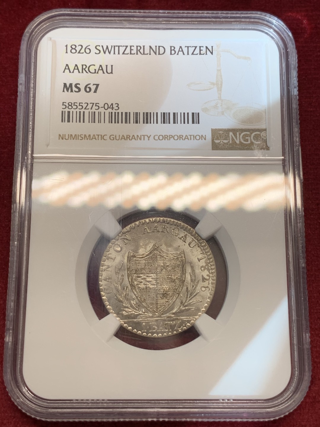 《竞宝斋》第69场-本周日，周一，周四.3场连拍（全场不限金额包邮） NGC MS67 1826年瑞士阿尔高1巴增银币 顶级高分，冠军分，亮晶晶的原银色，保存的很好