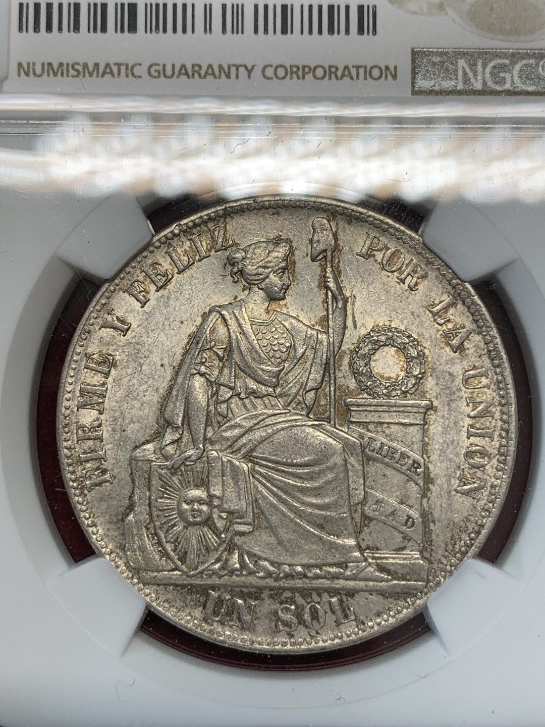 《竞宝斋》第69场-本周日，周一，周四.3场连拍（全场不限金额包邮） 亚军分 NGC-MS62 秘鲁 1885年 坐人 1索尔大银币 好品淡彩 稀少年份