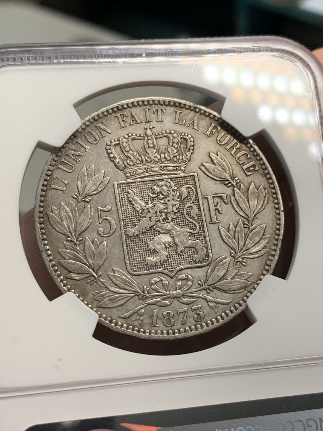 《竞宝斋》第69场-本周日，周一，周四.3场连拍（全场不限金额包邮） NGC AU细节评级 比利时 1873年利奥波德二世五法郎银币 带底光好品相