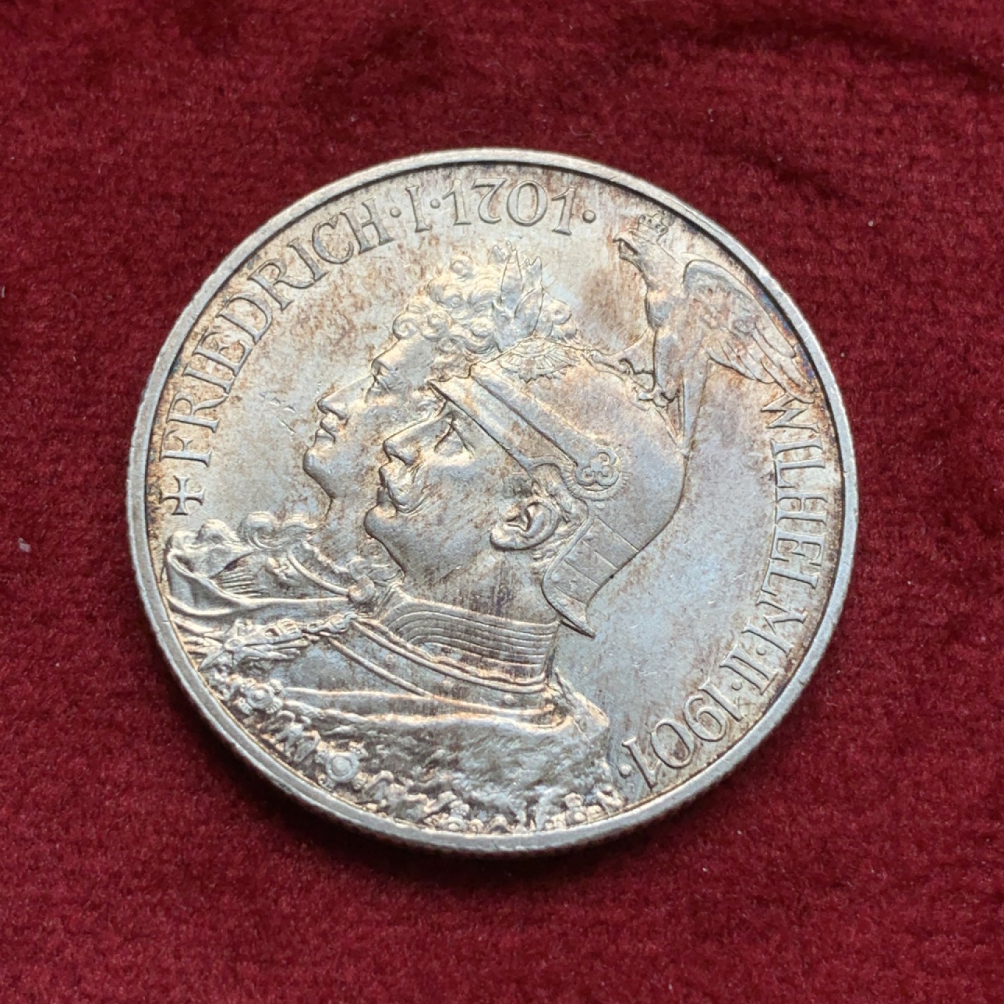 《竞宝斋》第69场-本周日，周一，周四.3场连拍（全场不限金额包邮） 德国 1901年 普鲁士建国200周年纪念 2马克银币 原味包浆