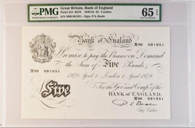 《张总收藏》63期——外币精选 - 英国英格兰银行5镑纸币PMG65E无47 白色英镑 稀少1949首发年 背后特别标注最早英国藏家名字A.J.Simms  Pick-344 B270