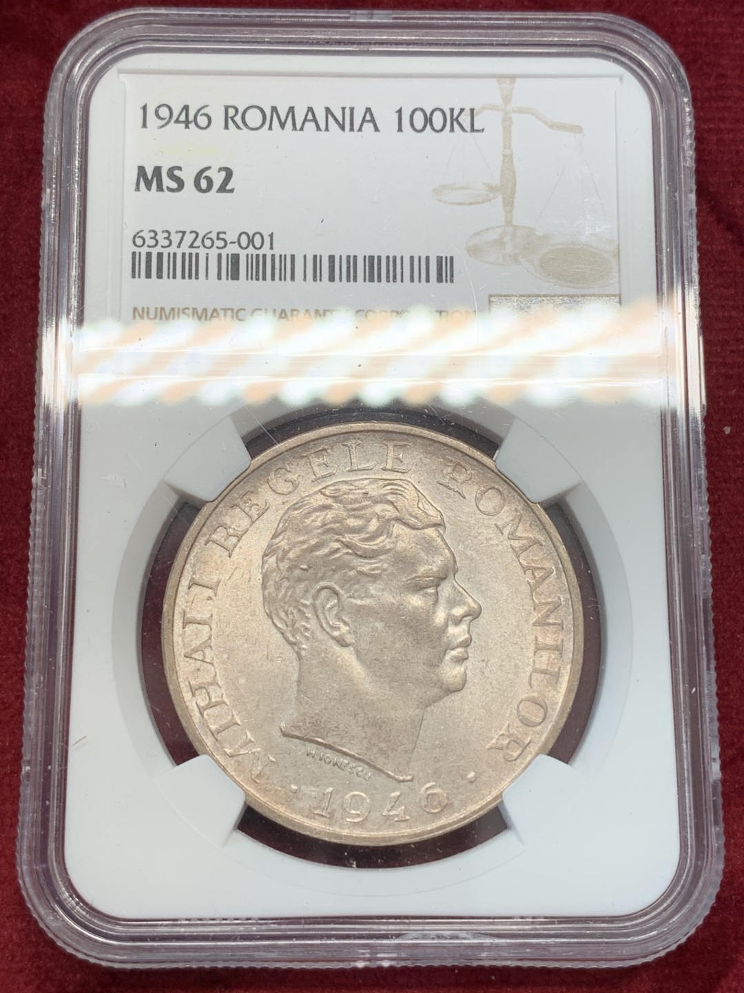 《竞宝斋》第69场-本周日，周一，周四.3场连拍（全场不限金额包邮） NGC-MS62 罗马尼亚 1946年 100000列伊 大银币 粉光好品 非常漂亮