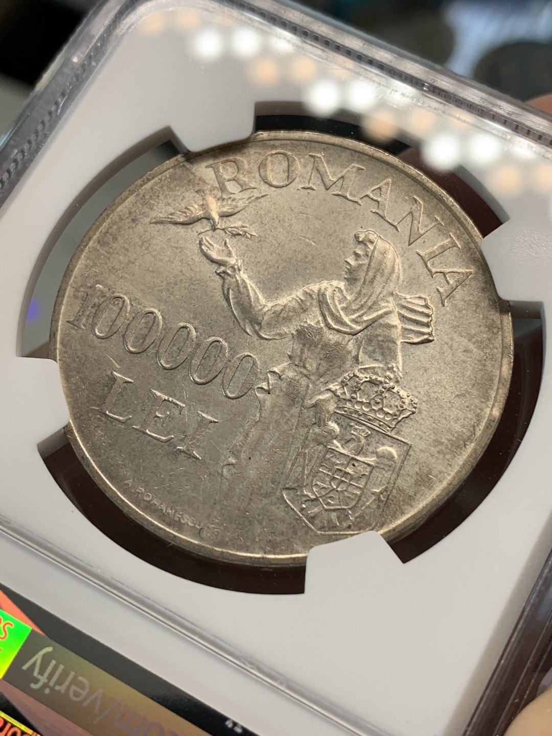 《竞宝斋》第69场-本周日，周一，周四.3场连拍（全场不限金额包邮） NGC-MS62 罗马尼亚 1946年 100000列伊 大银币 粉光好品 非常漂亮