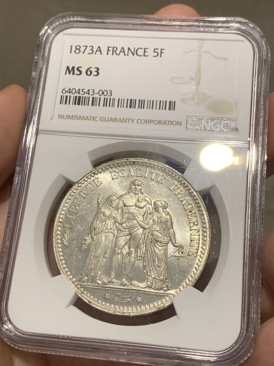《竞宝斋》第69场-本周日，周一，周四.3场连拍（全场不限金额包邮） NGC-MS63 法国1873-A年 大力神 5法郎大银币 原光好品 状态一流