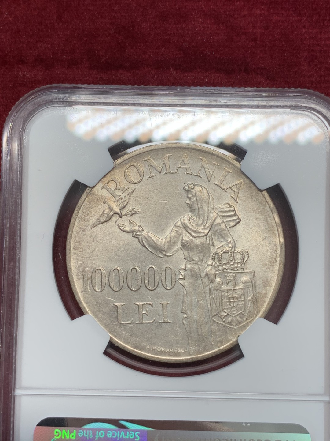 《竞宝斋》第69场-本周日，周一，周四.3场连拍（全场不限金额包邮） NGC-MS62 罗马尼亚 1946年 100000列伊 大银币 粉光好品 非常漂亮