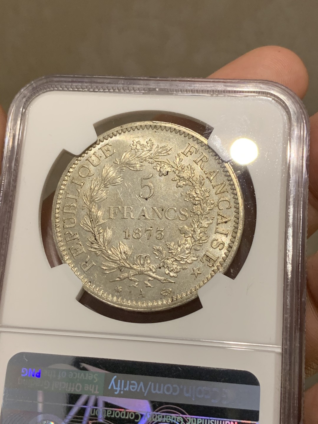 《竞宝斋》第69场-本周日，周一，周四.3场连拍（全场不限金额包邮） NGC-MS63 法国1873-A年 大力神 5法郎大银币 原光好品 状态一流
