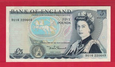 英国1980年至1987年5镑 P-378c 签名D.H.F. Somerset 实物图 UNC  - 英国1980年至1987年5镑 P-378c 签名D.H.F. Somerset 实物图 UNC 