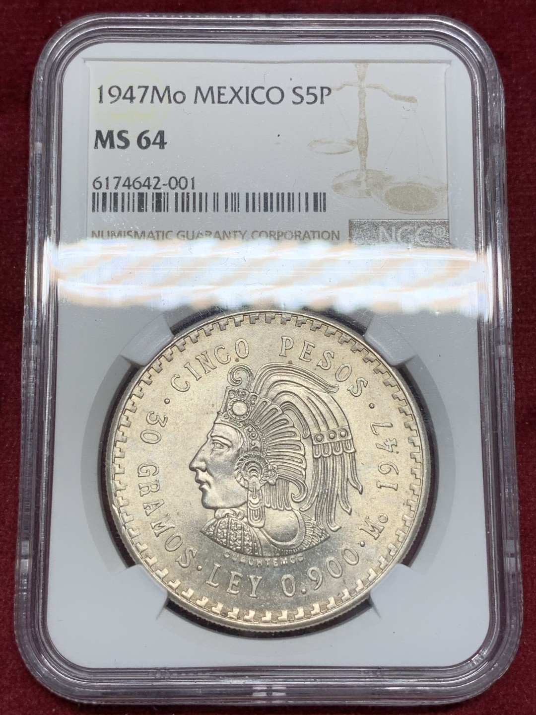 《竞宝斋》第69场-本周日，周一，周四.3场连拍（全场不限金额包邮） NGC-MS64 墨西哥 1947年 印第安人头像5比索 大银币 顶级好品