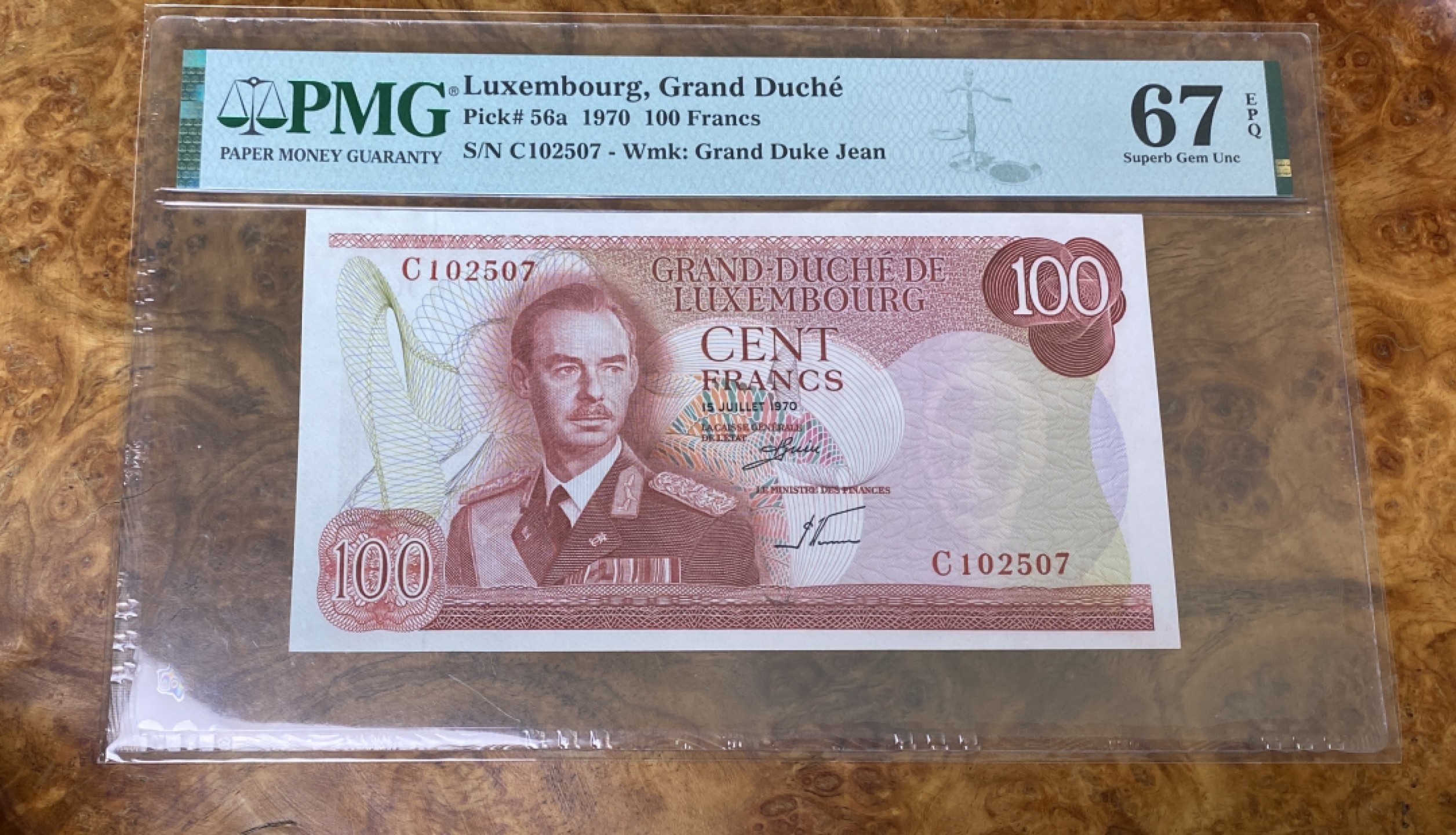 Chase Auction 第15期 - - 民国钞，外钞高分场（2022最后一期） 1970年卢森堡100法郎，PMG67分！亚军分，更高分数只有一枚！