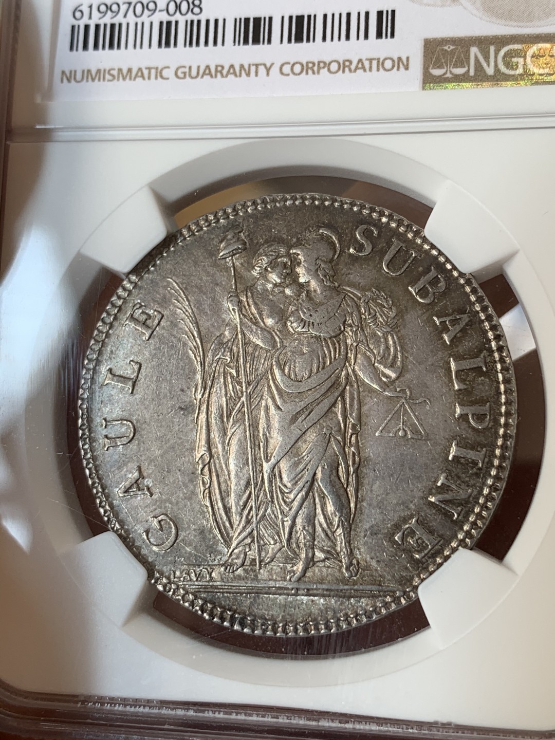 《竞宝斋》第69场-本周日，周一，周四.3场连拍（全场不限金额包邮） NGC AU58 共和10年皮埃蒙特5法郎银币 深打无减重，老包浆，最近共和历的意大利币很火，同版MS61的国内标价2万3