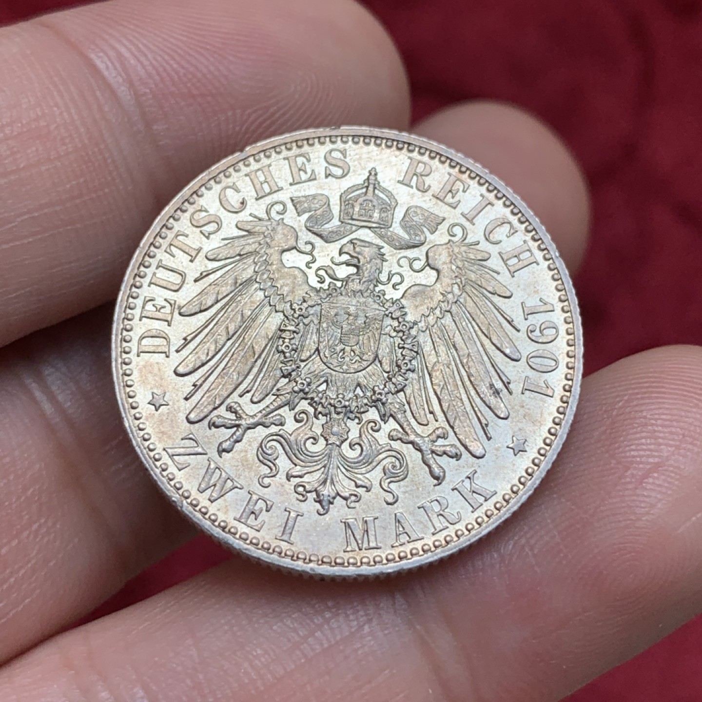 《竞宝斋》第69场-本周日，周一，周四.3场连拍（全场不限金额包邮） 德国 1901年 普鲁士建国200周年纪念 2马克银币 原味包浆