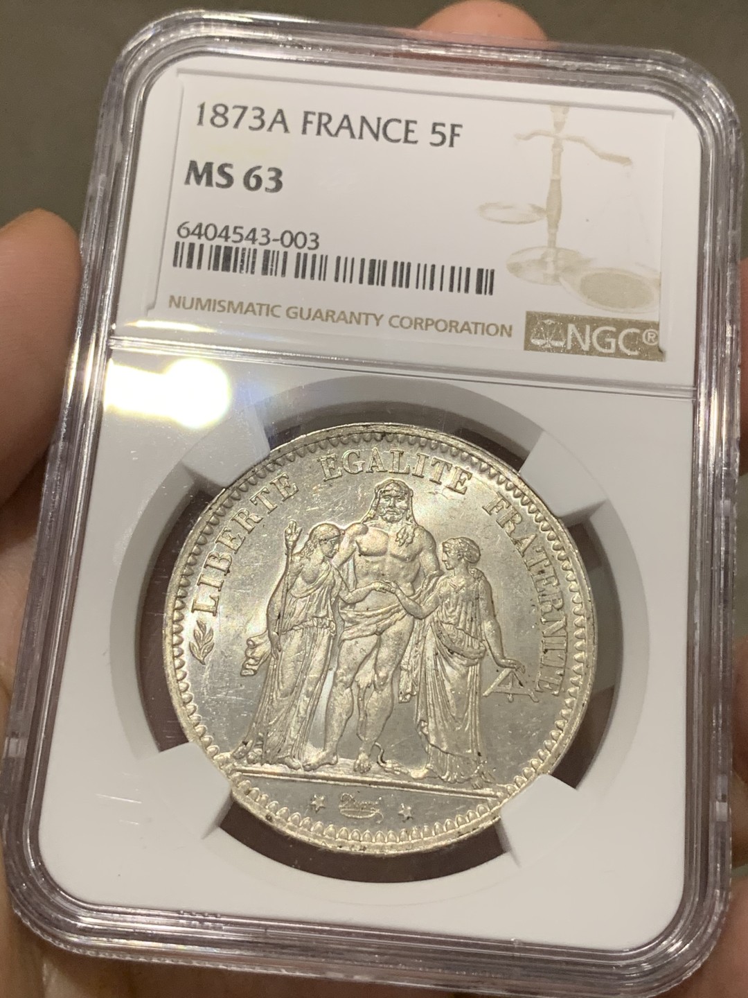 《竞宝斋》第69场-本周日，周一，周四.3场连拍（全场不限金额包邮） NGC-MS63 法国1873-A年 大力神 5法郎大银币 原光好品 状态一流