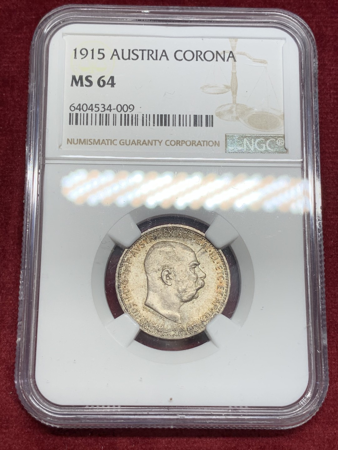 《竞宝斋》第69场-本周日，周一，周四.3场连拍（全场不限金额包邮） NGC-MS64 奥地利 1915年佛朗茨约瑟夫 1克朗 银币 五彩包浆 