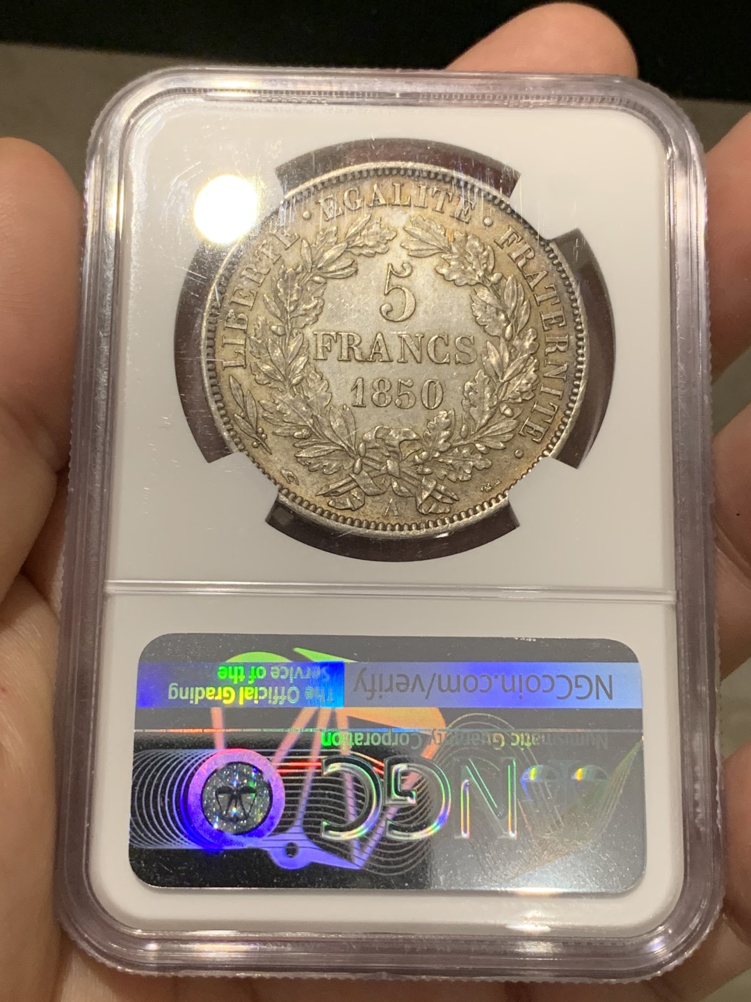 《竞宝斋》第69场-本周日，周一，周四.3场连拍（全场不限金额包邮） NGC-MS63 法国1850年 谷物女神 5法郎银币 环彩包浆 难得品相 63不错的分数 越来越少了