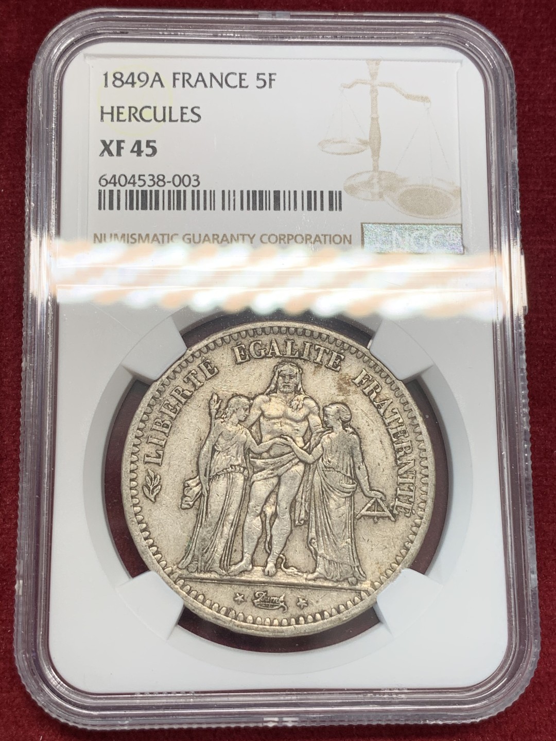 《竞宝斋》第69场-本周日，周一，周四.3场连拍（全场不限金额包邮） NGC-XF45 法国 1849-A年第二共和大力神 5法郎大银币 老包浆早期的大力神有这分数已经算高了