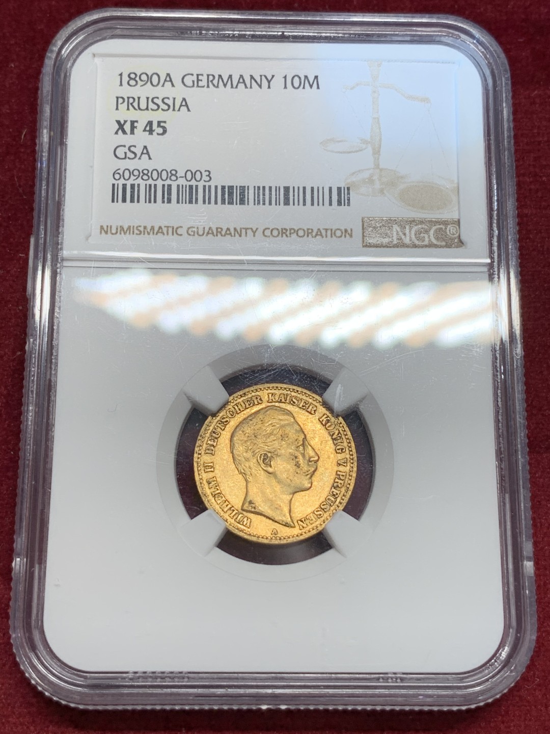《竞宝斋》第69场-本周日，周一，周四.3场连拍（全场不限金额包邮） NGC XF45 GSA 德国普鲁士1890年A版威廉二世10马克金币 不多见年份更高分5枚